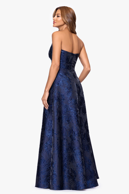 "Emelia" Brocade Strapless Ruffle Dress Navy XSCAPE