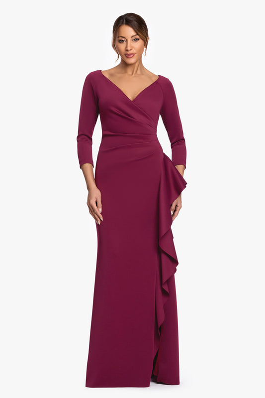 "Clarissa" Techno Scuba Long Sleeve Ruffle Dress Wine XSCAPE