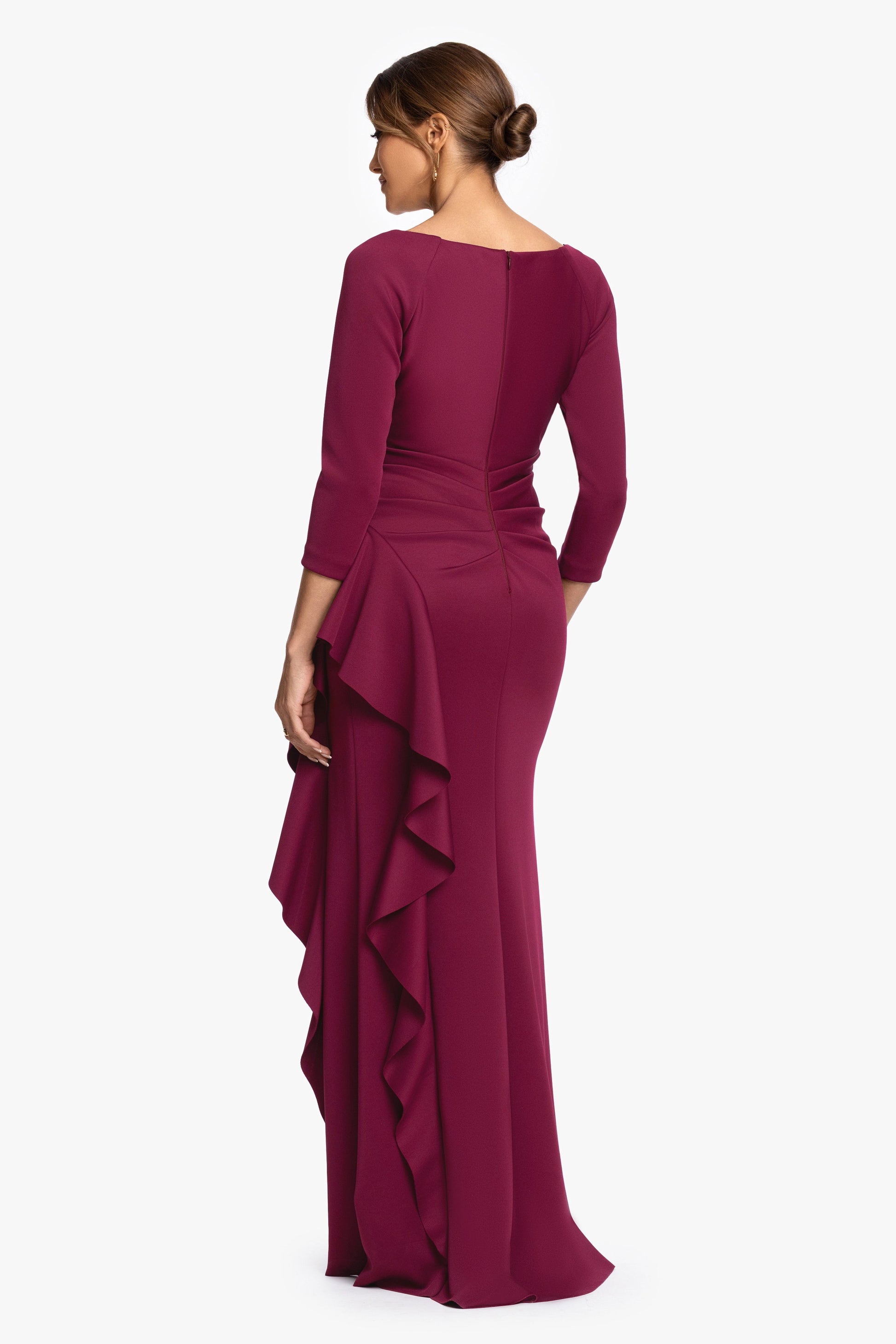"Clarissa" Techno Scuba Long Sleeve Ruffle Dress Wine XSCAPE