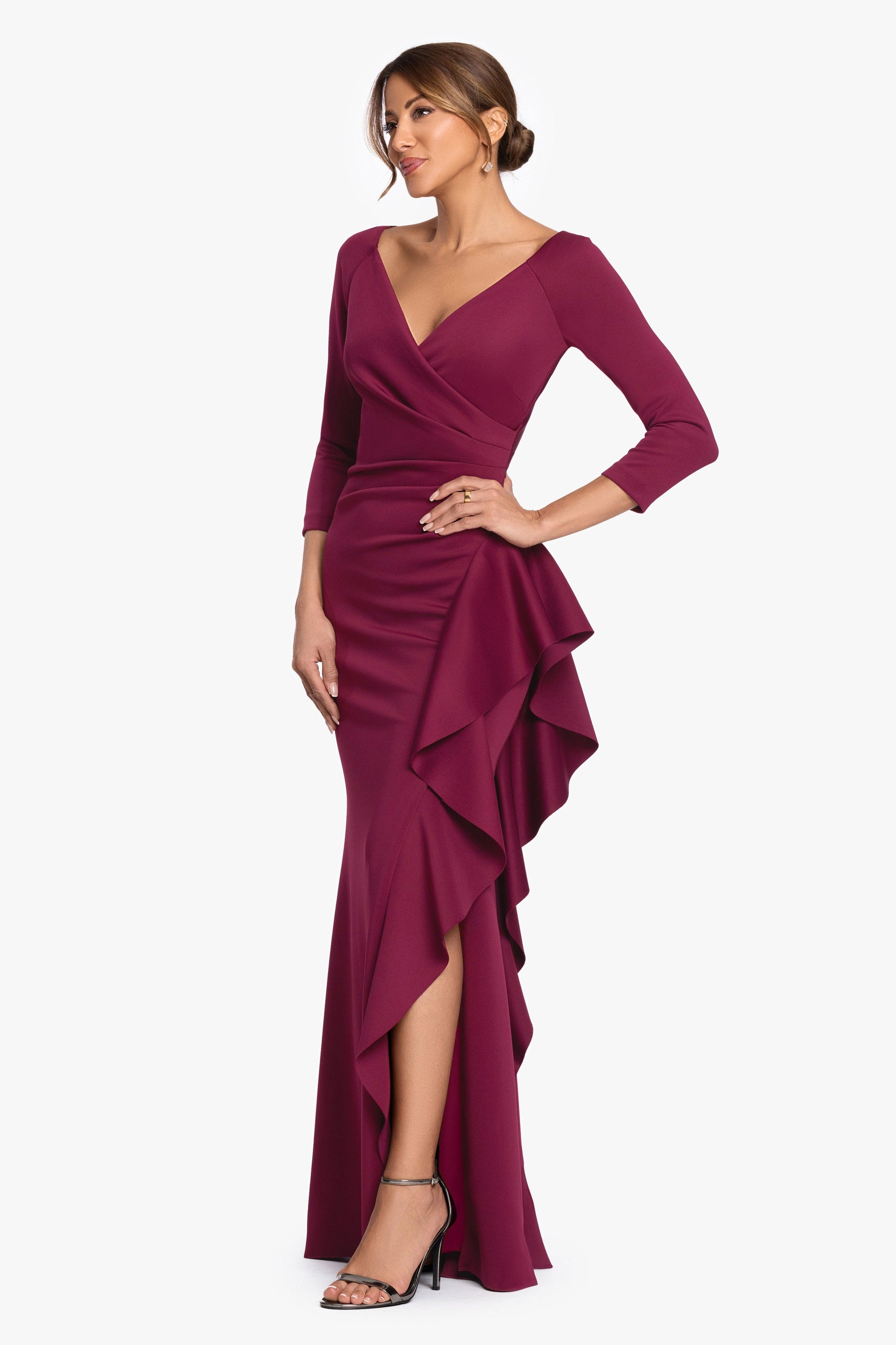 "Clarissa" Techno Scuba Long Sleeve Ruffle Dress Wine XSCAPE