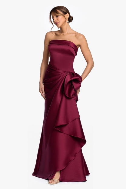 "Diana" Mikado Strapless Rouched Dress Wine XSCAPE