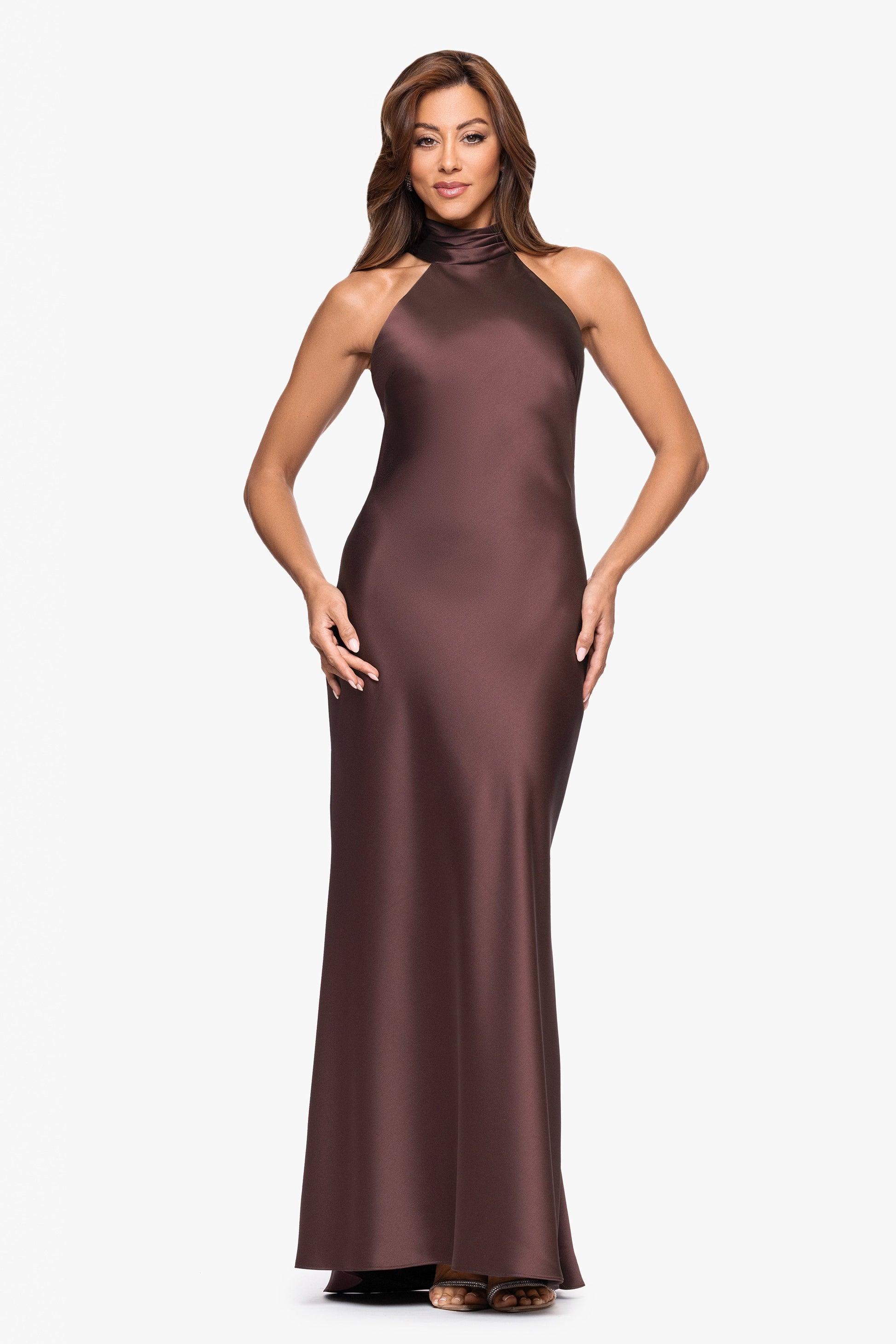Petite "Ruth" Satin High Tie Neck Backless Dress Chocolate XSCAPE