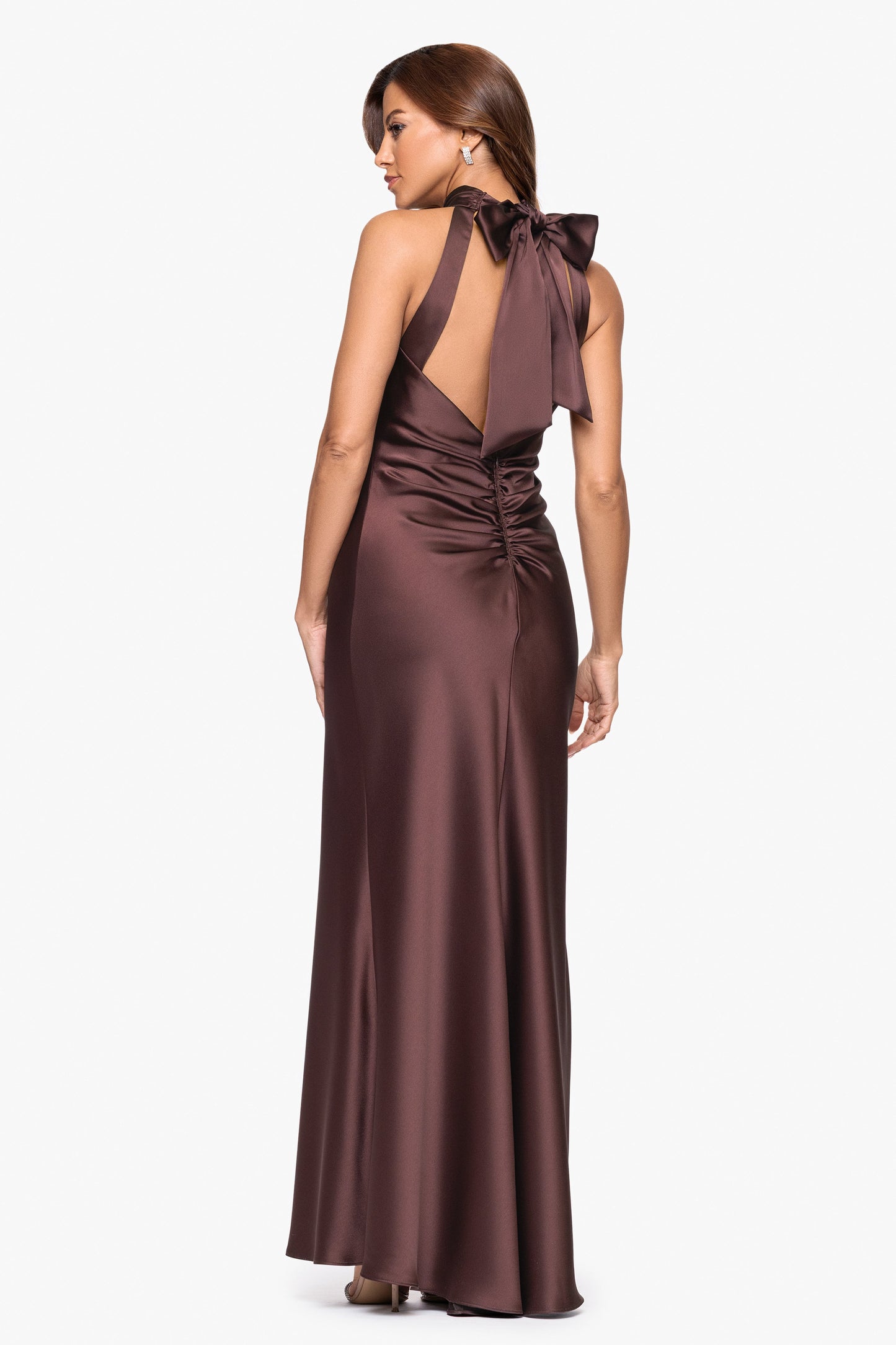 Petite "Ruth" Satin High Tie Neck Backless Dress Chocolate XSCAPE