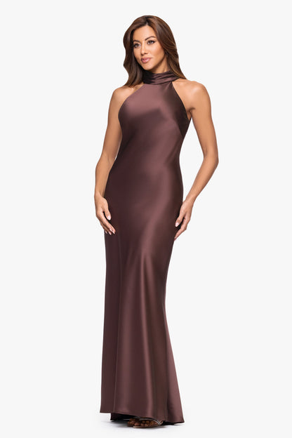 Petite "Ruth" Satin High Tie Neck Backless Dress Chocolate XSCAPE
