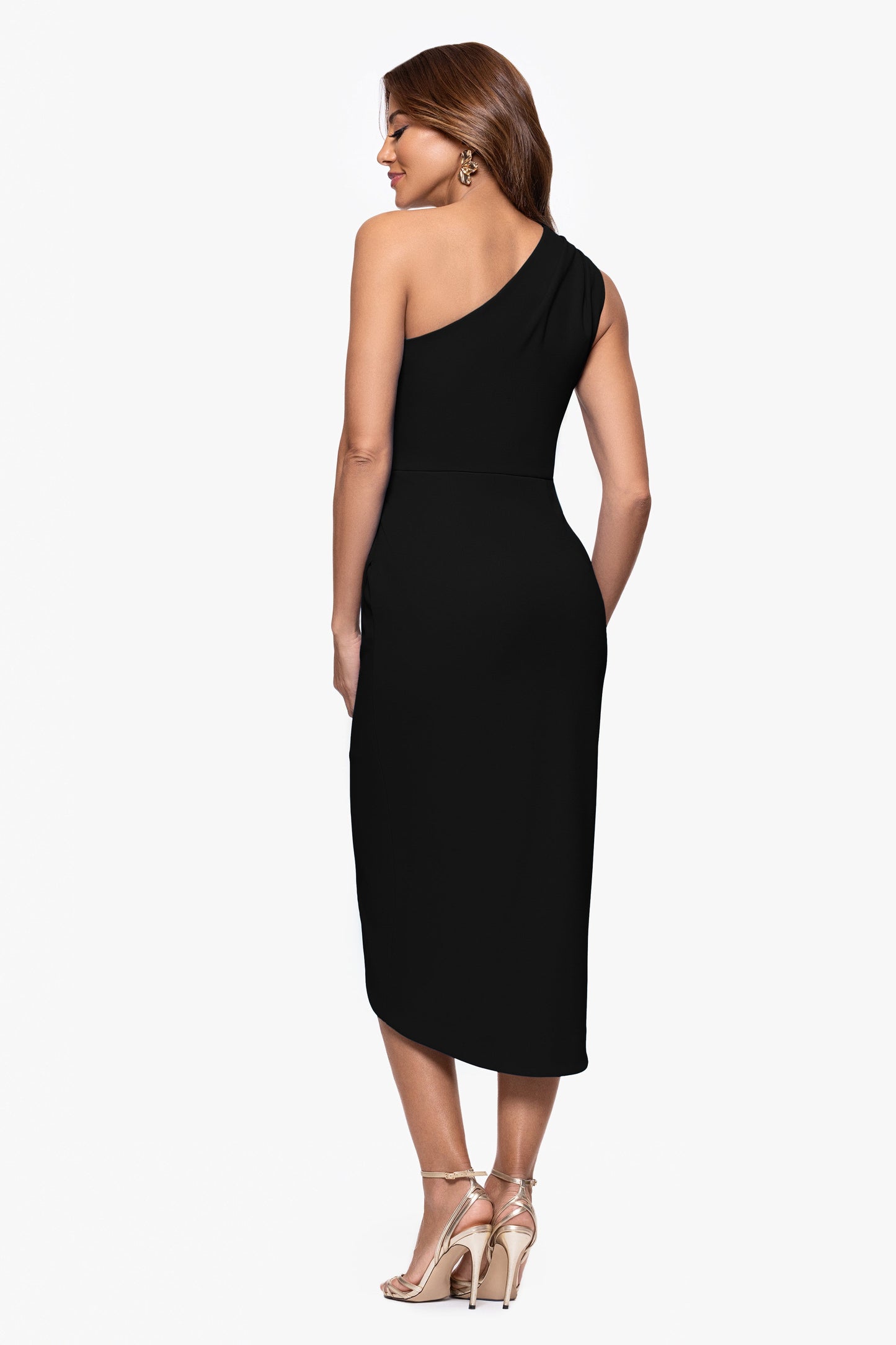 "Dakota" Scuba Crepe One Shoulder Ruched Short Dress Black XSCAPE