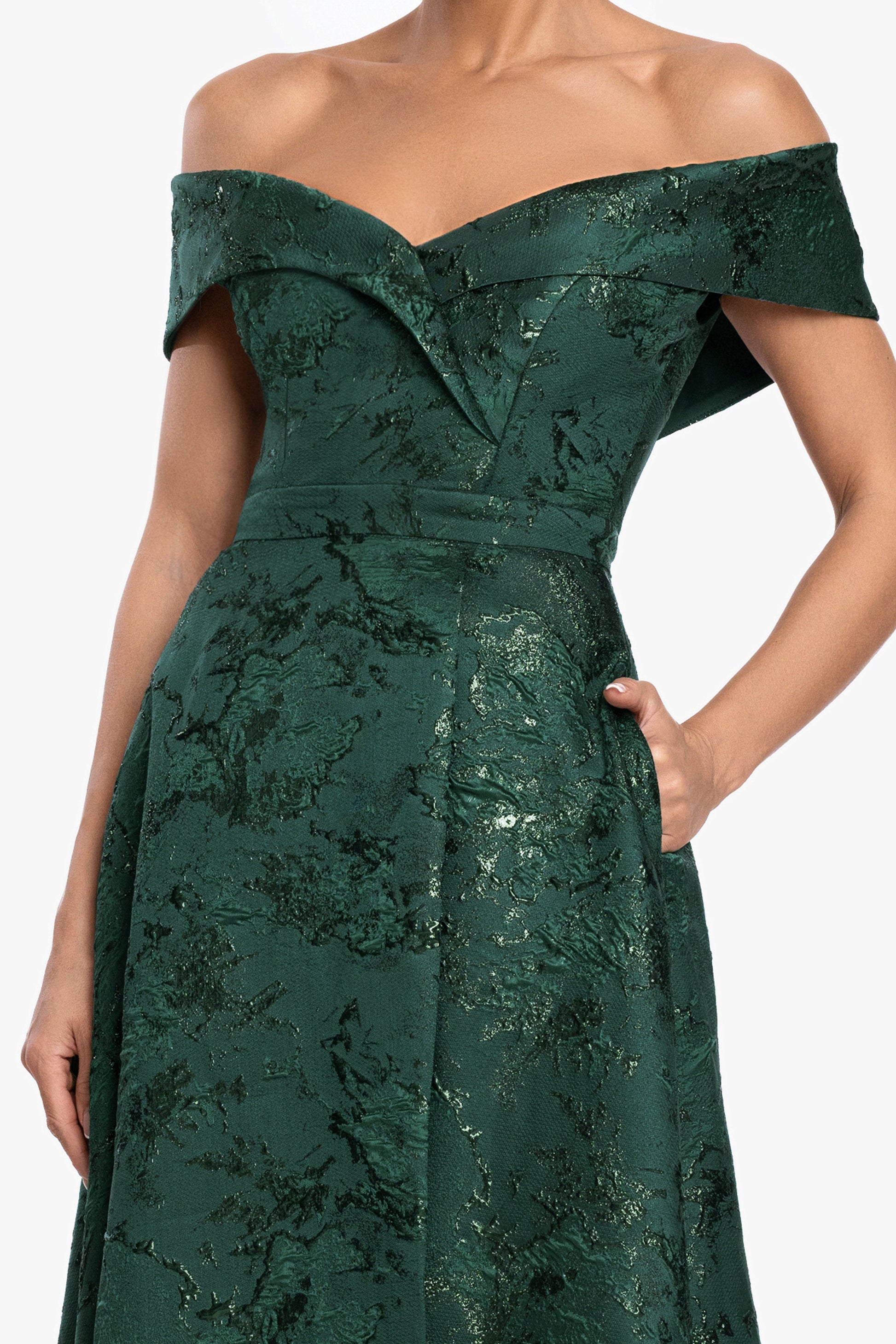 Petite "Daphne" Brocade Off Shoulder Dress Dark Green XSCAPE