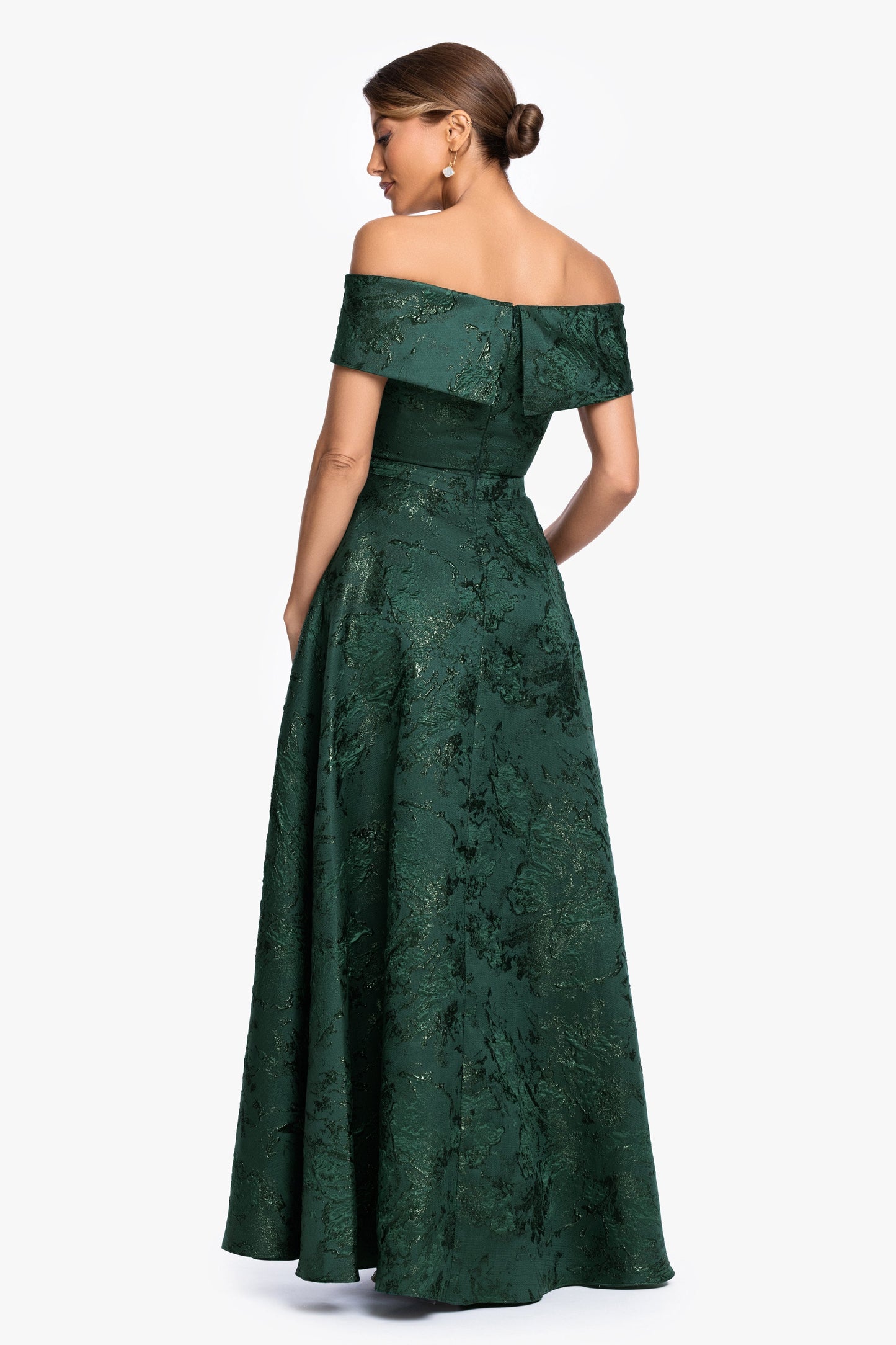 Petite "Daphne" Brocade Off Shoulder Dress Dark Green XSCAPE