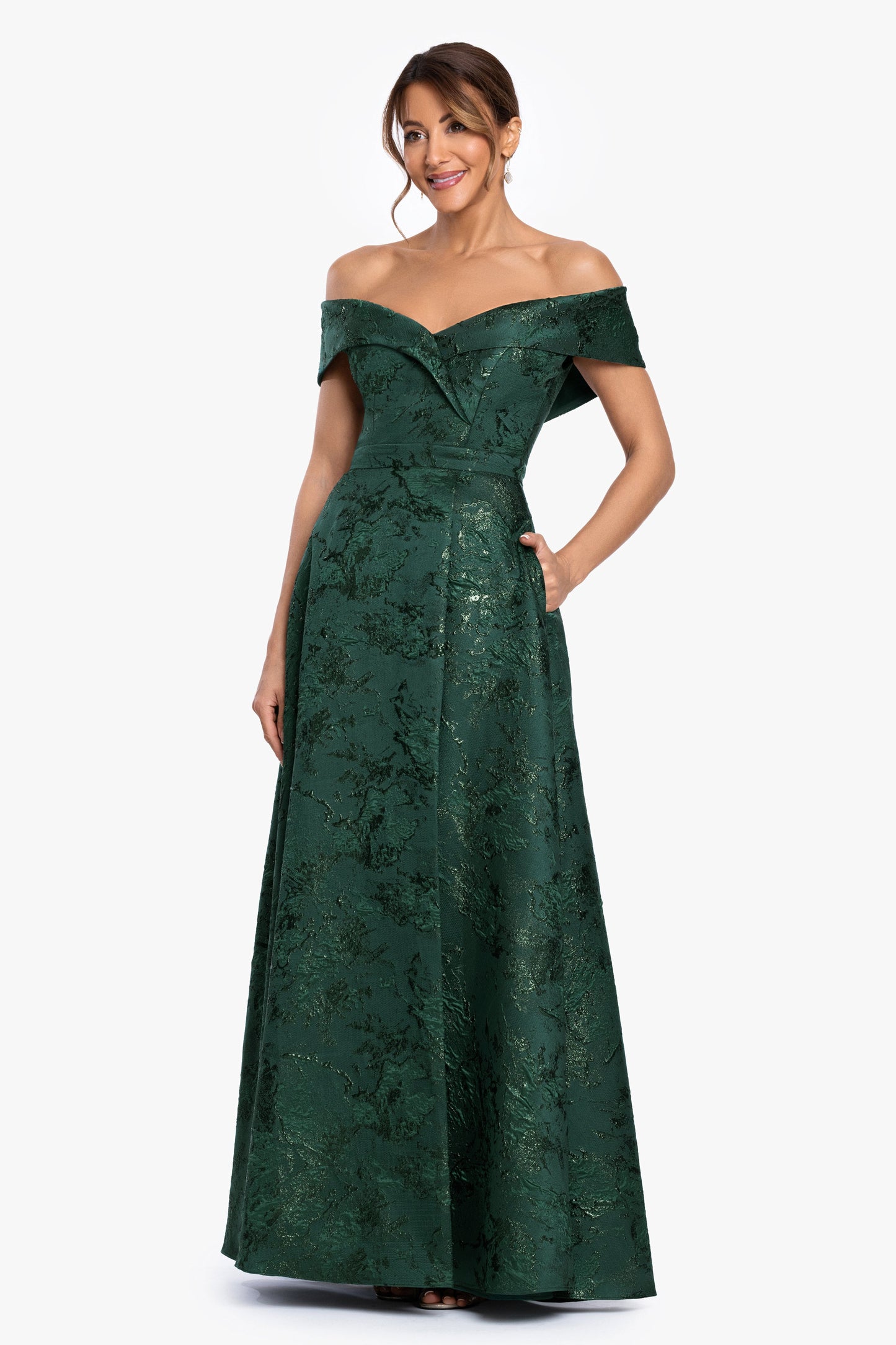 Petite "Daphne" Brocade Off Shoulder Dress Dark Green XSCAPE