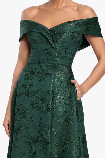"Daphne" Brocade Off Shoulder Dress Dark Green XSCAPE