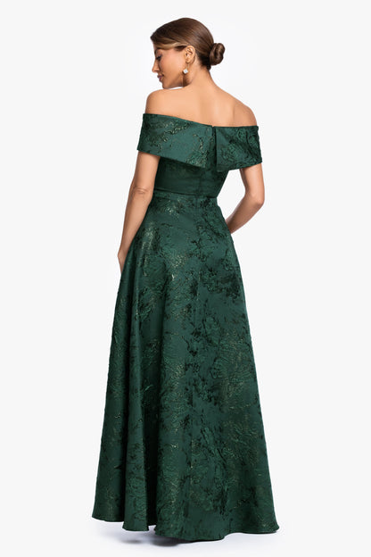 "Daphne" Brocade Off Shoulder Dress Dark Green XSCAPE