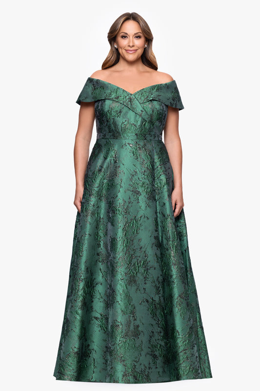 Plus "Daphne" Brocade Off Shoulder Dress Dark Green XSCAPE
