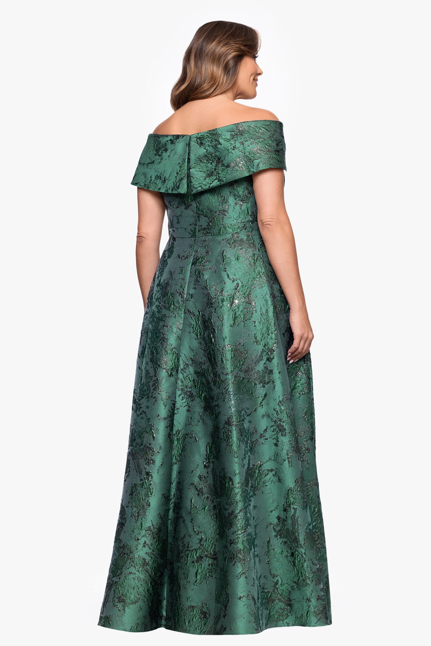 Plus "Daphne" Brocade Off Shoulder Dress Dark Green XSCAPE