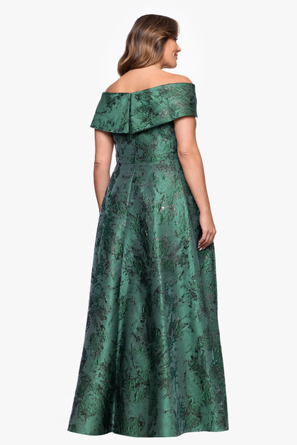 Plus "Daphne" Brocade Off Shoulder Dress Dark Green XSCAPE