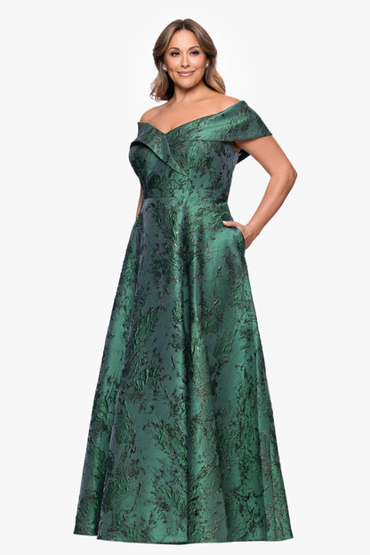 Plus "Daphne" Brocade Off Shoulder Dress Dark Green XSCAPE