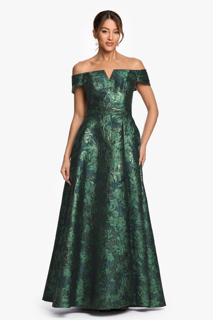 "Esther" Printed Brocade Off The Shoulder Gown Green/Gold XSCAPE