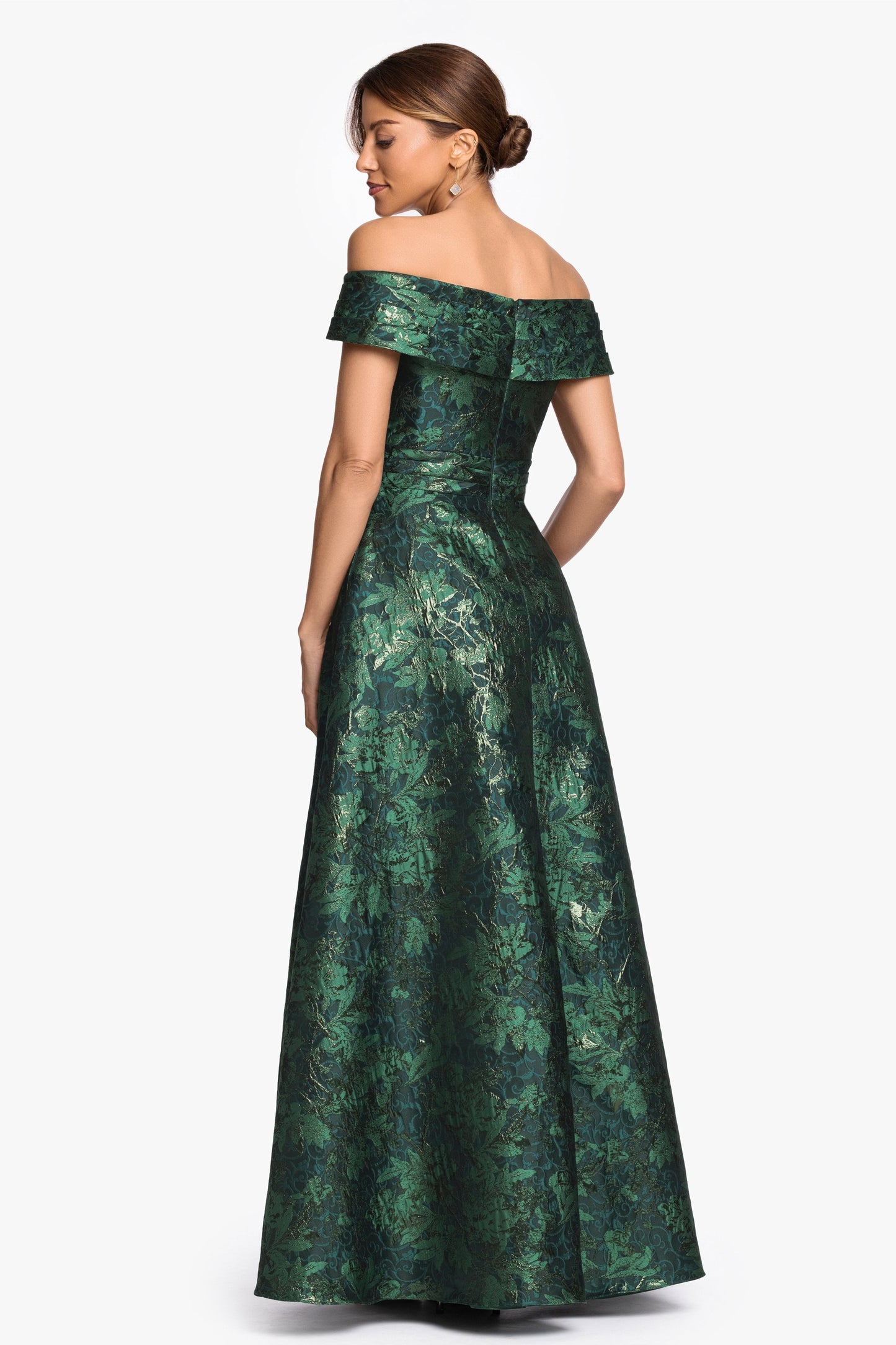 "Esther" Printed Brocade Off The Shoulder Gown Green/Gold XSCAPE