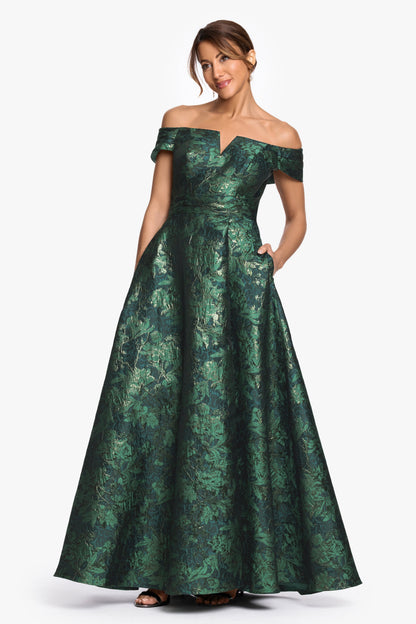 "Esther" Printed Brocade Off The Shoulder Gown Green/Gold XSCAPE