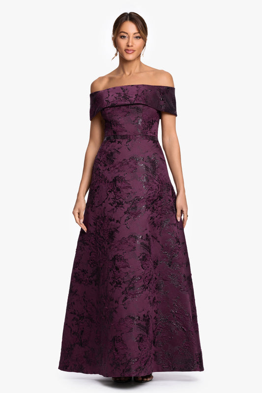 "Emily" Printed Brocade Off The Shoulder Gown Plum XSCAPE