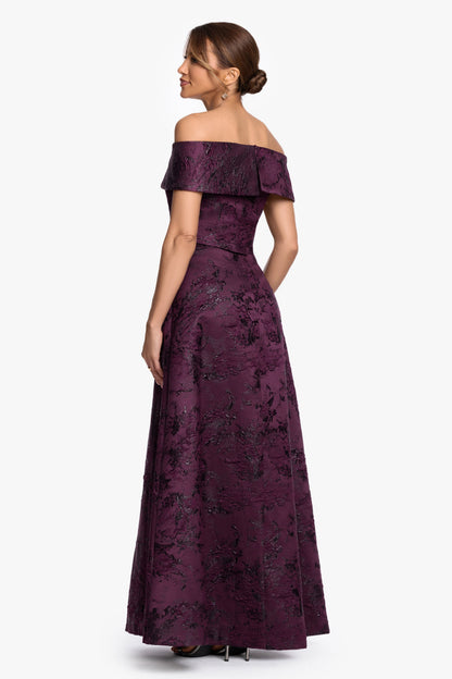 "Emily" Printed Brocade Off The Shoulder Gown Plum XSCAPE