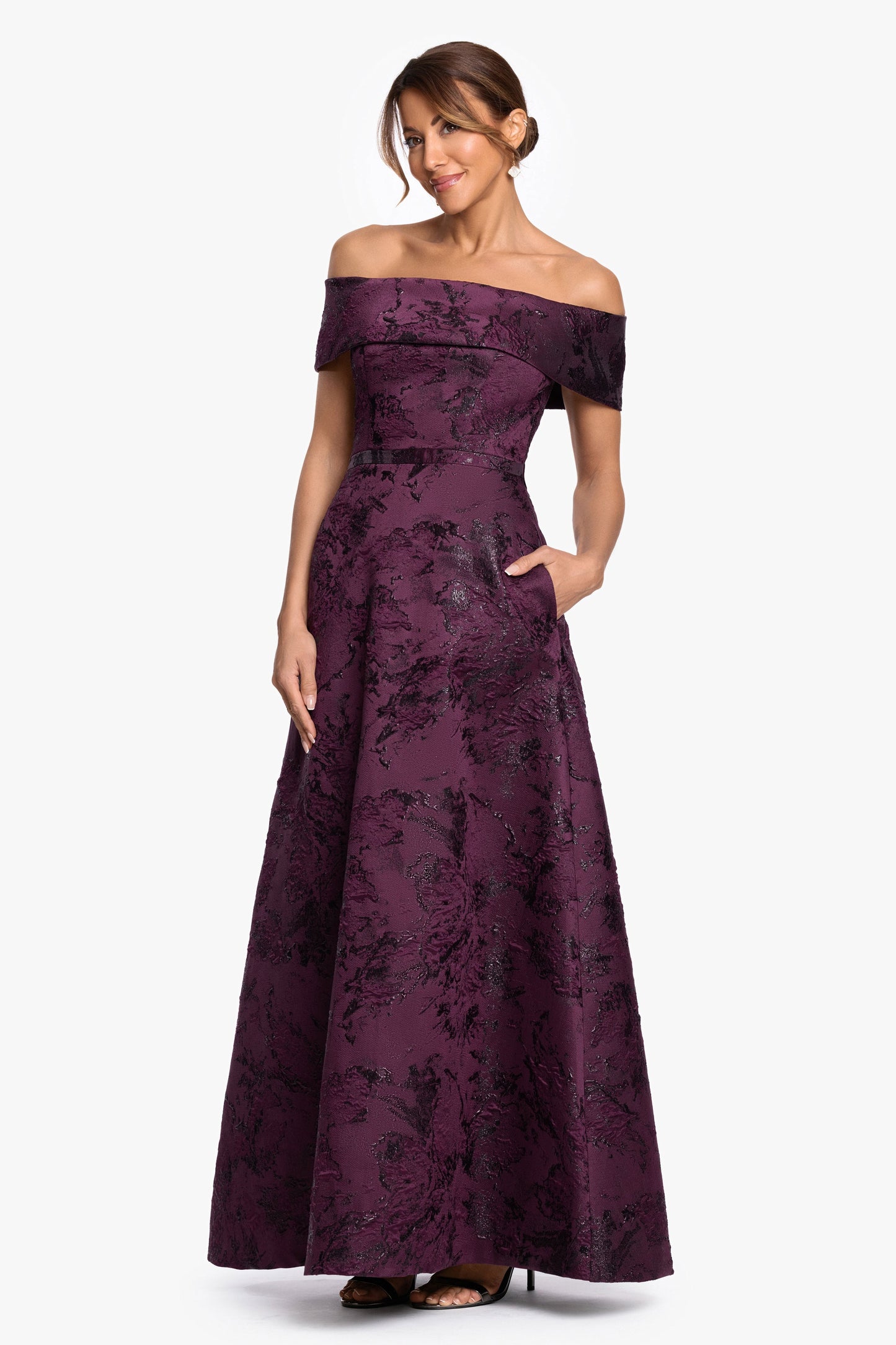 "Emily" Printed Brocade Off The Shoulder Gown Plum XSCAPE