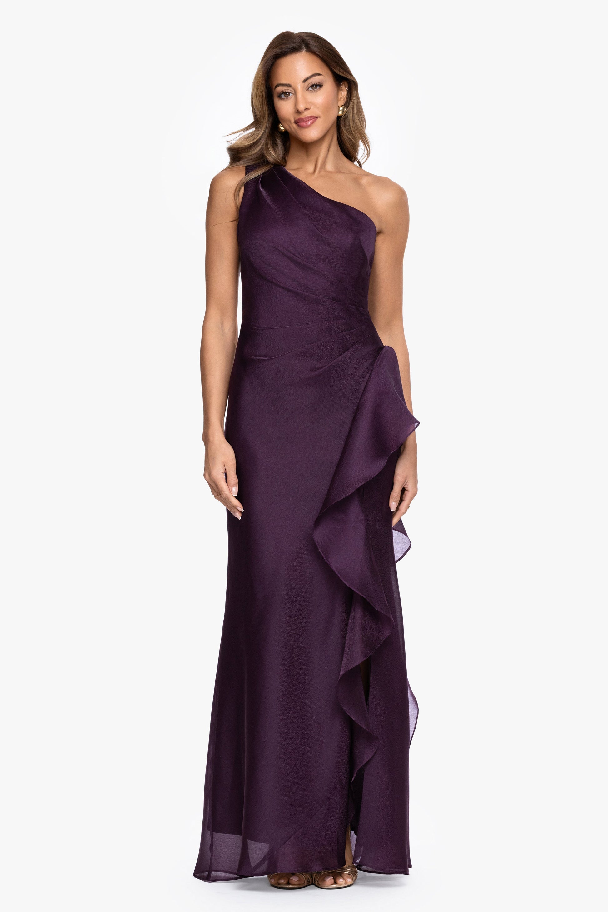 "Serena" Metallic Organza One Shoulder Dress Plum XSCAPE