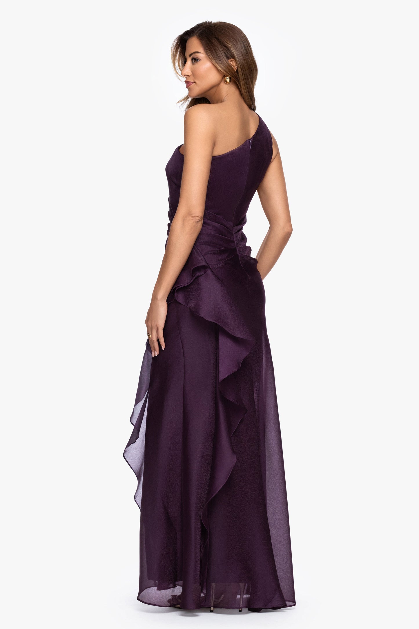 "Serena" Metallic Organza One Shoulder Dress Plum XSCAPE