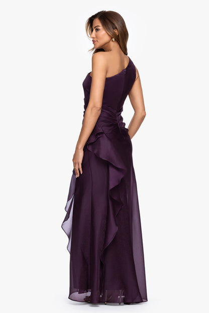 "Serena" Metallic Organza One Shoulder Dress Plum XSCAPE