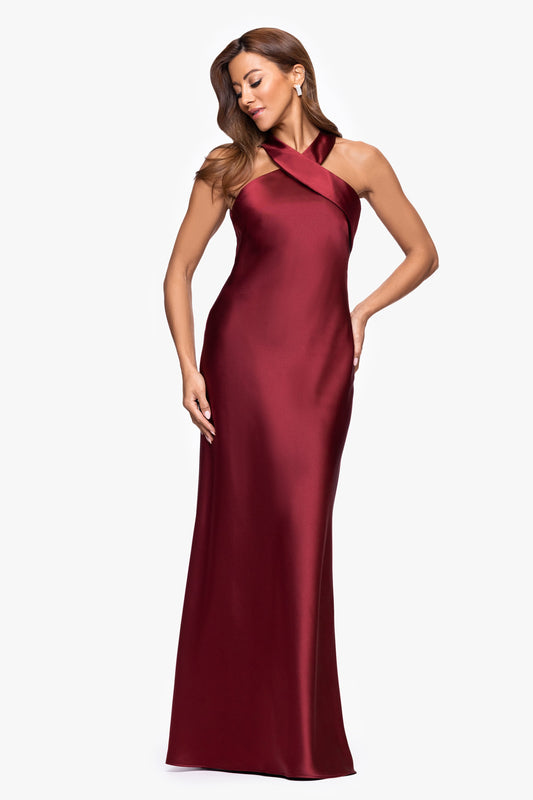 "Francesca" Satin Halter Tie Neck Dress Wine XSCAPE