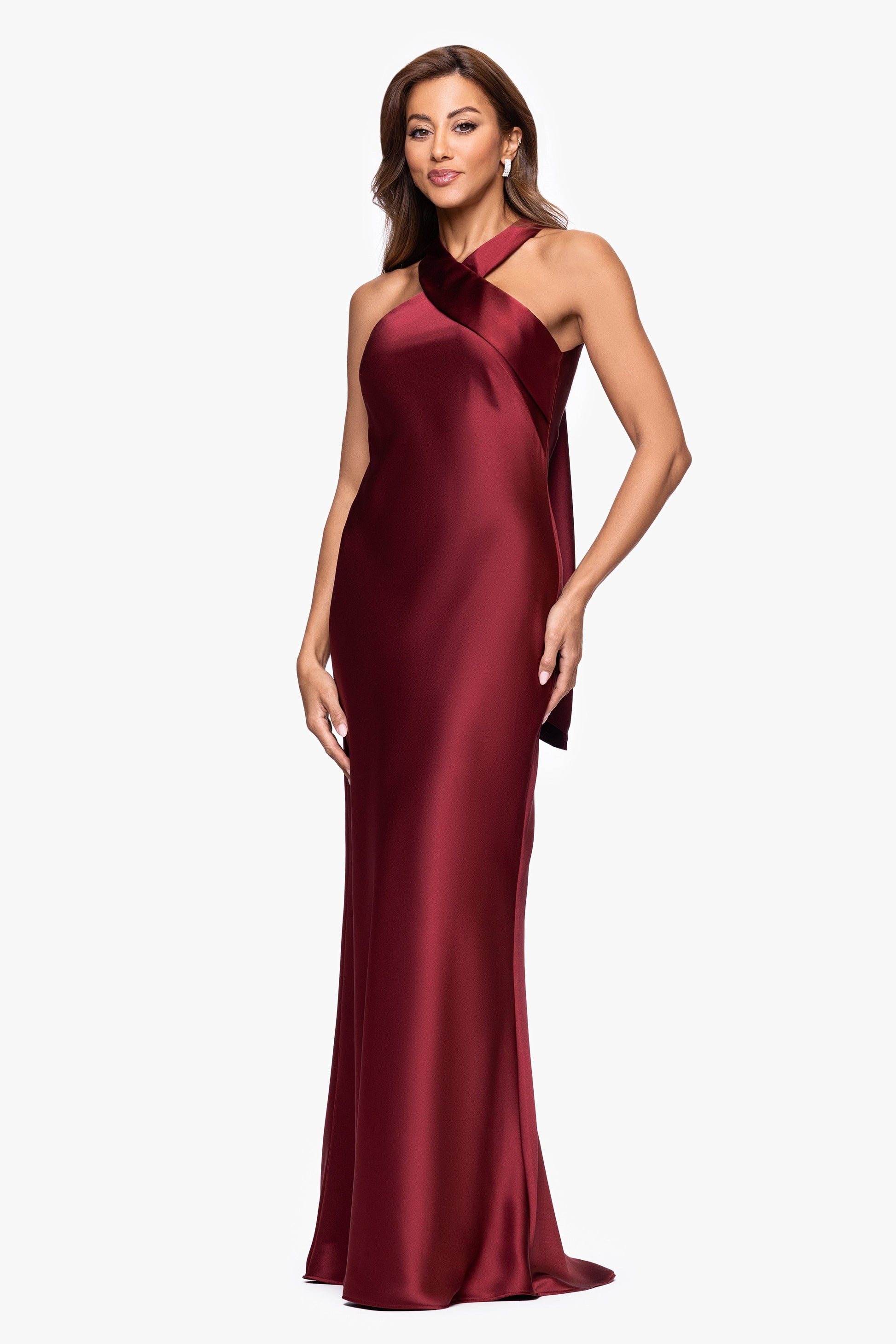 "Francesca" Satin Halter Tie Neck Dress Wine XSCAPE