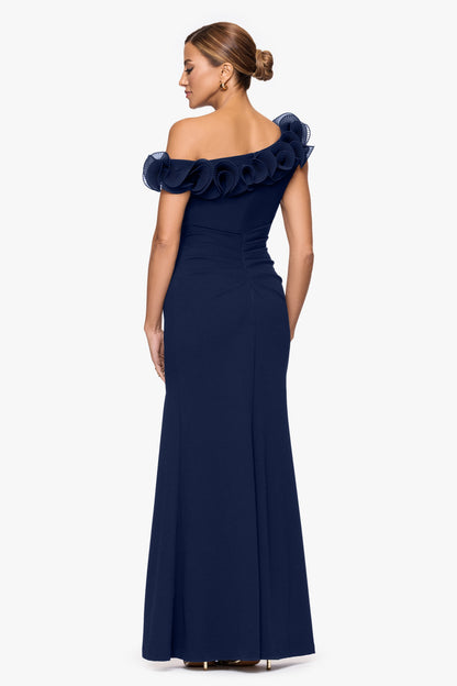 "Delilah" Scuba Crepe Drop Shoulder Chiffon Ruffle Dress Navy XSCAPE