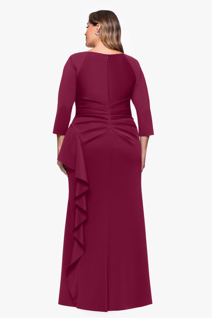 Plus "Amber" Techno Scuba 3/4 Sleeve V-Neck Ruffle Dress Wine XSCAPE
