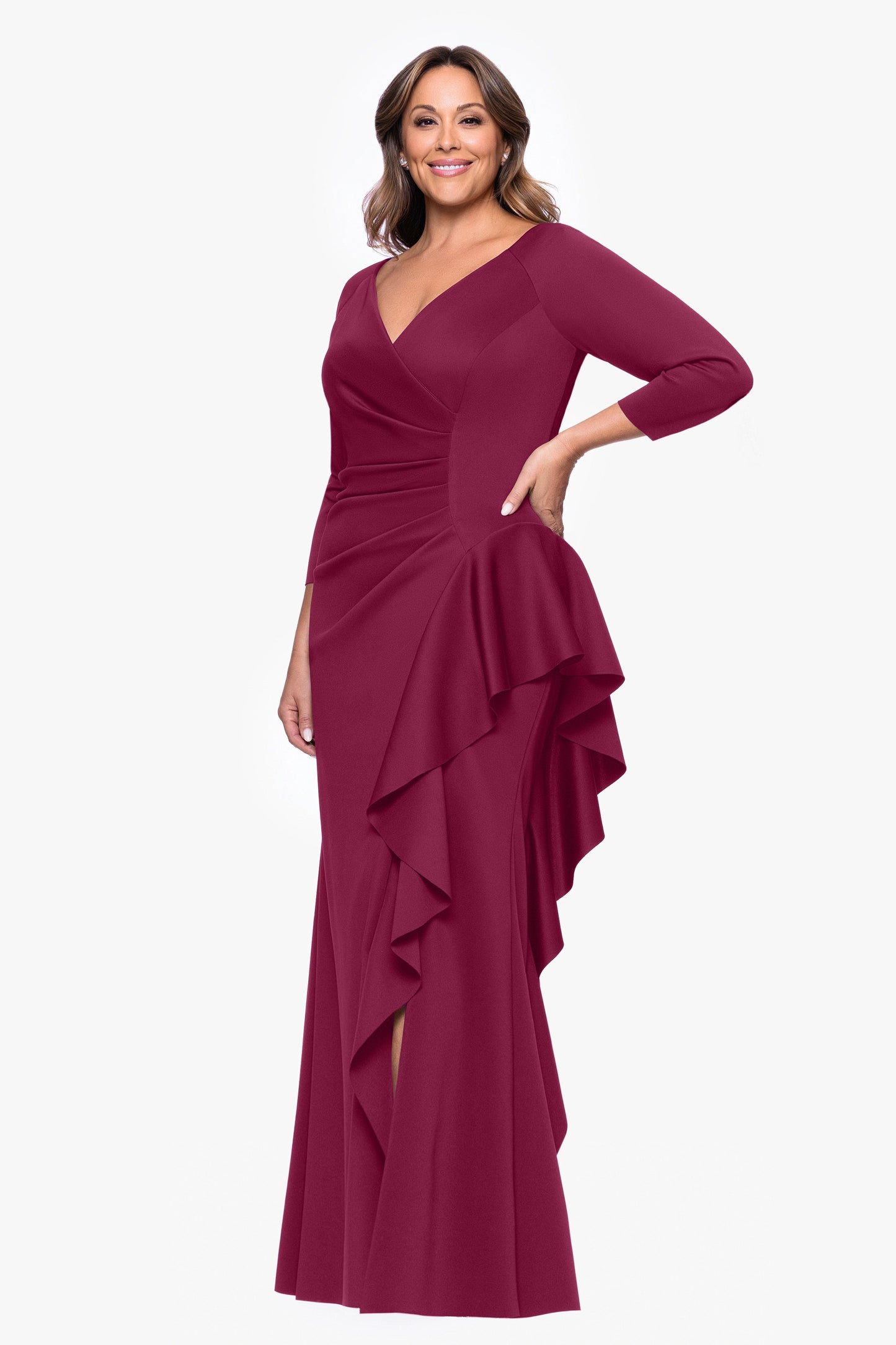 Plus "Amber" Techno Scuba 3/4 Sleeve V-Neck Ruffle Dress Wine XSCAPE