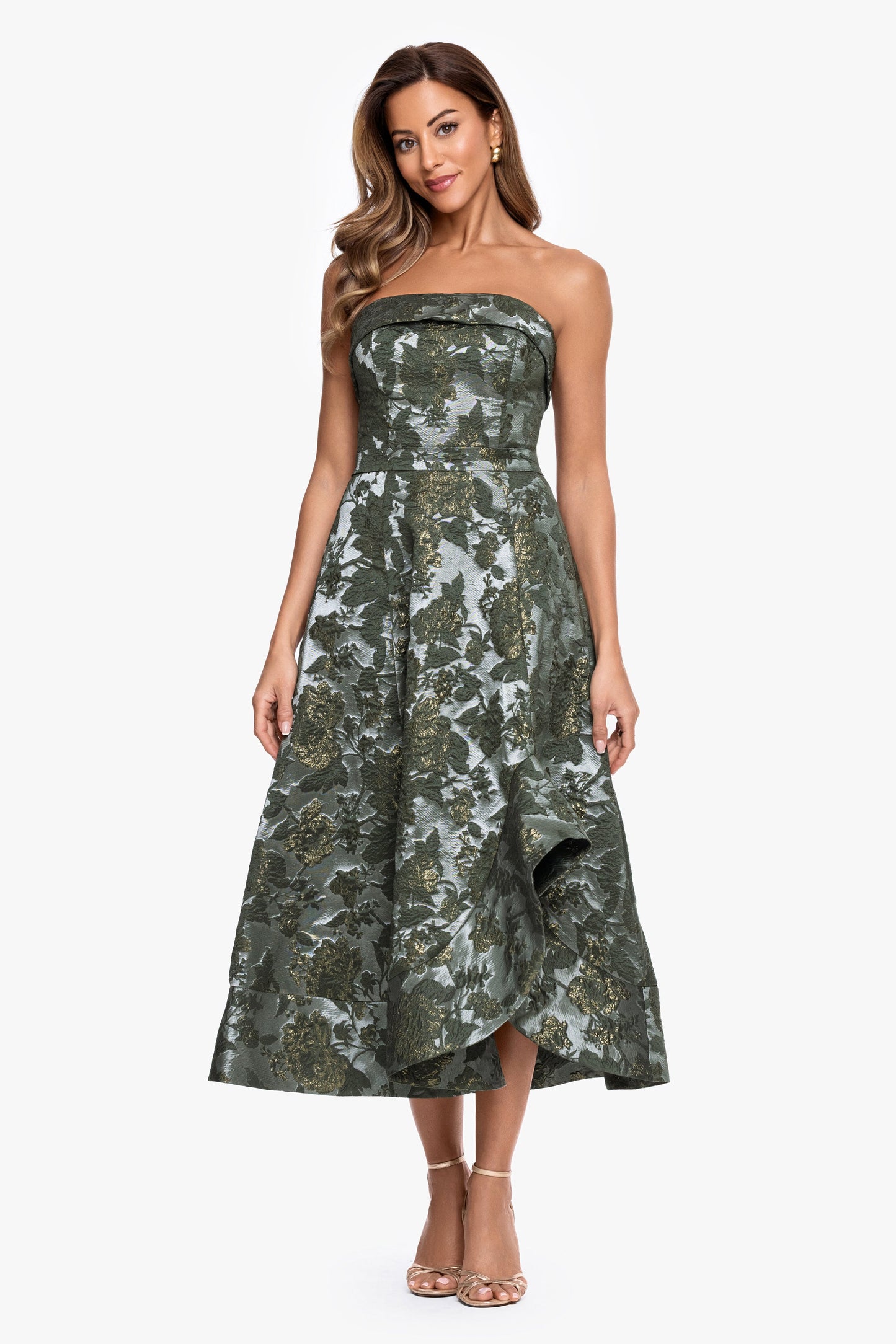 "Valentina" Brocade Strapless Midi Dress Olive/Gold XSCAPE