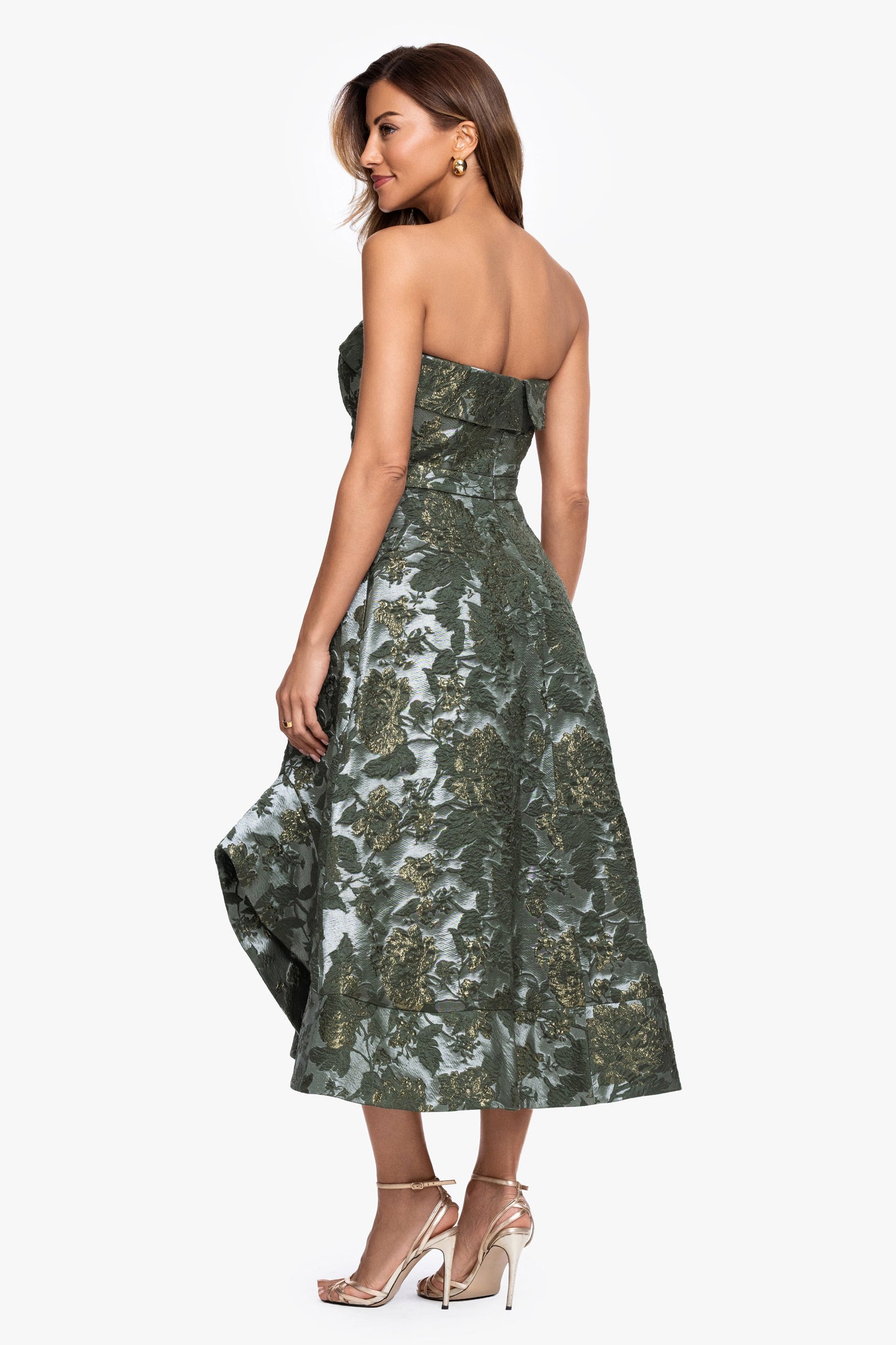 "Valentina" Brocade Strapless Midi Dress Olive/Gold XSCAPE