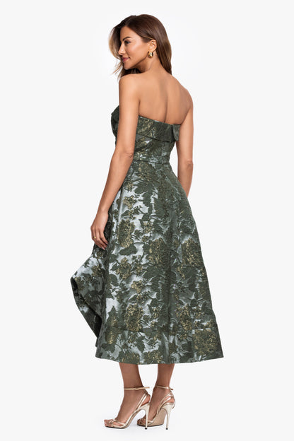 "Valentina" Brocade Strapless Midi Dress Olive/Gold XSCAPE