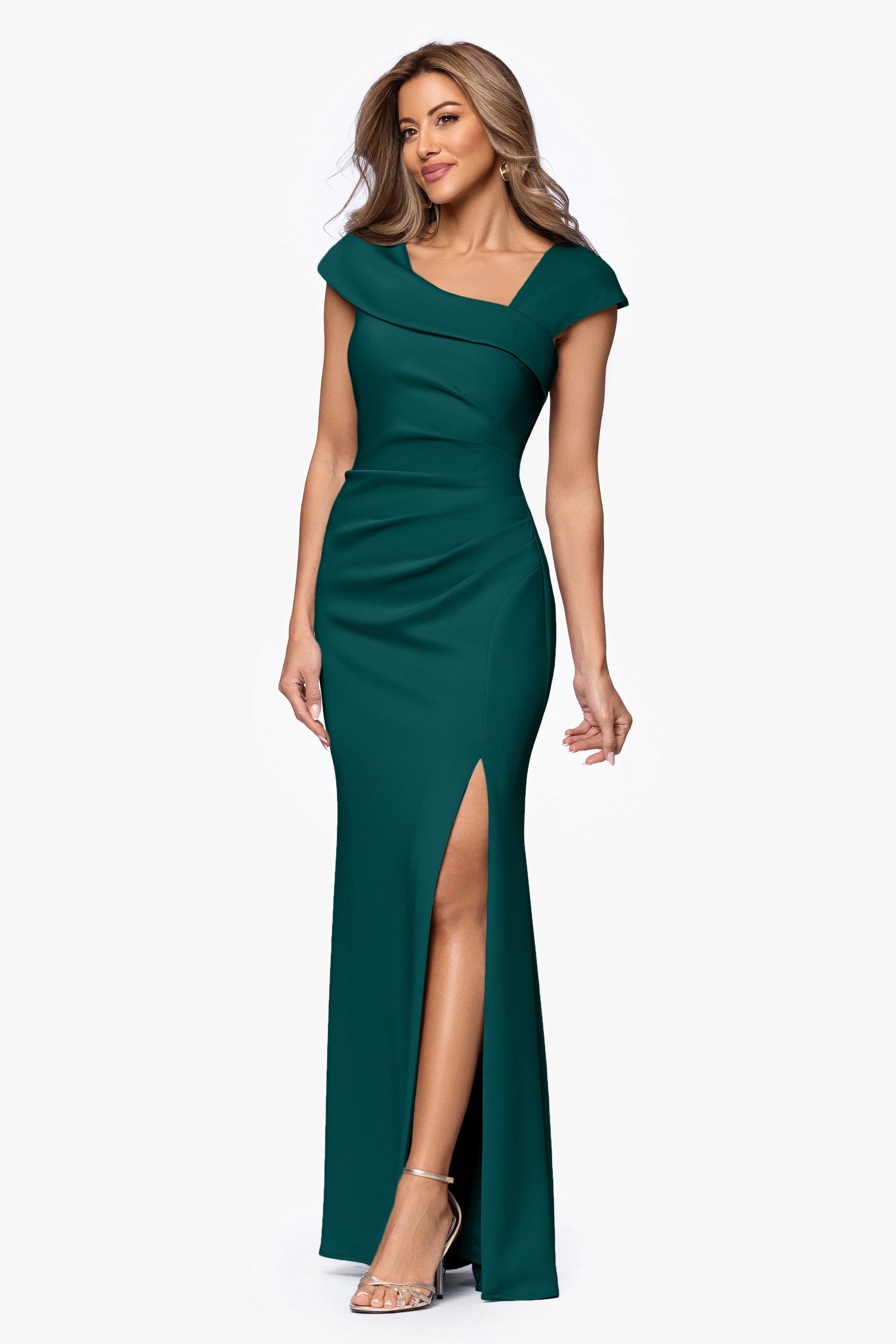 Petite "Lenore" Techno Scuba Asymmetrical Neckline Dress Hunter XSCAPE