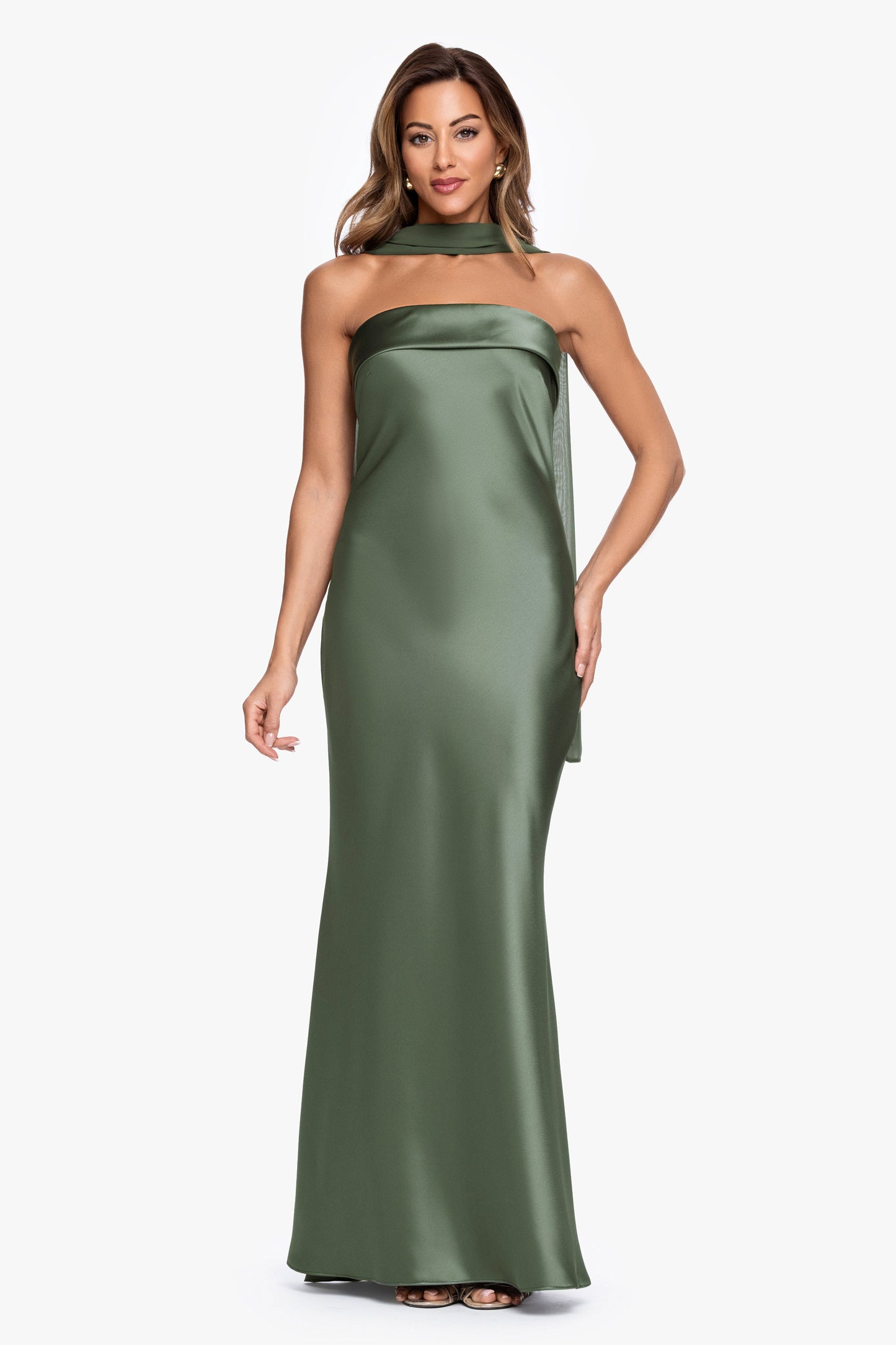 "Lila" Satin With Hammered Chiffon Scarf Dress Black XSCAPE