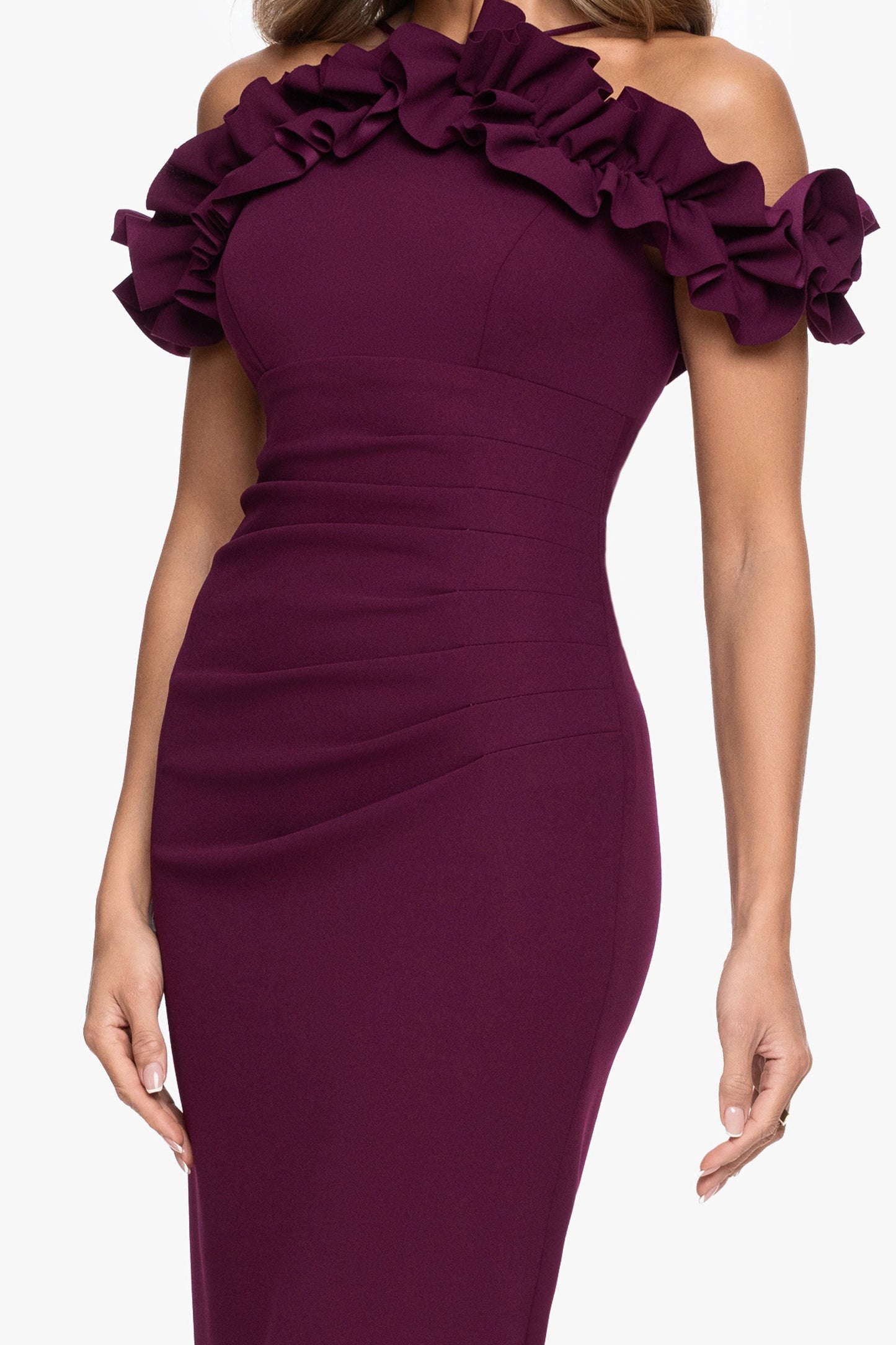 "Tyla" Scuba Crepe Ruffle Top Dress Raisin XSCAPE