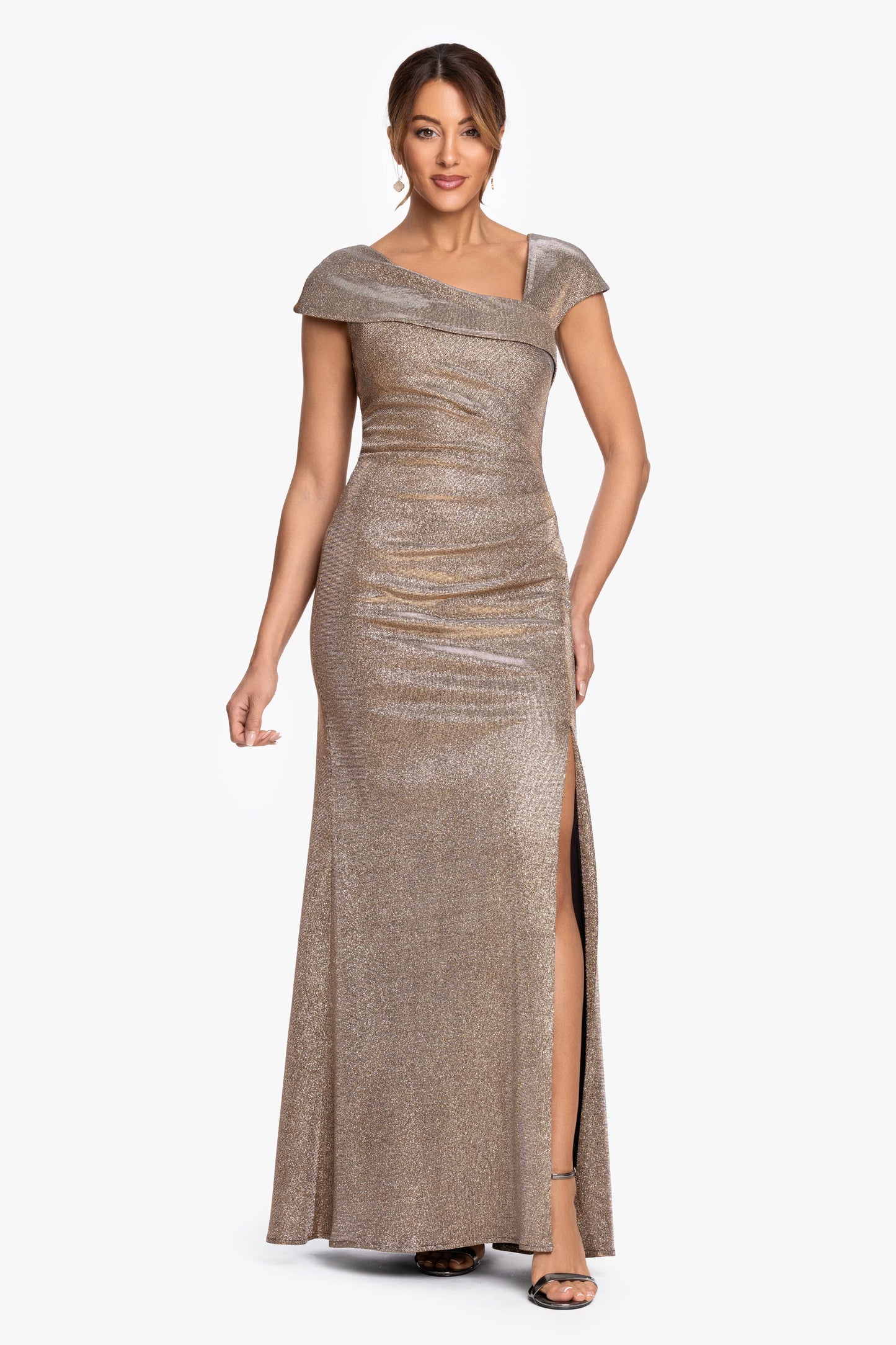 Petite "Angelina" Glitter Metallic Asymmetrical Neckline Dress Sand XSCAPE