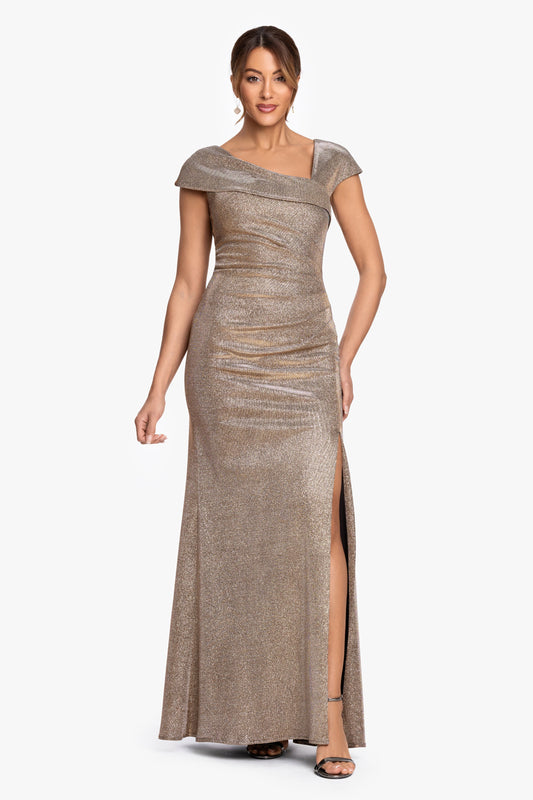 Petite "Angelina" Glitter Metallic Asymmetrical Neckline Dress Sand XSCAPE