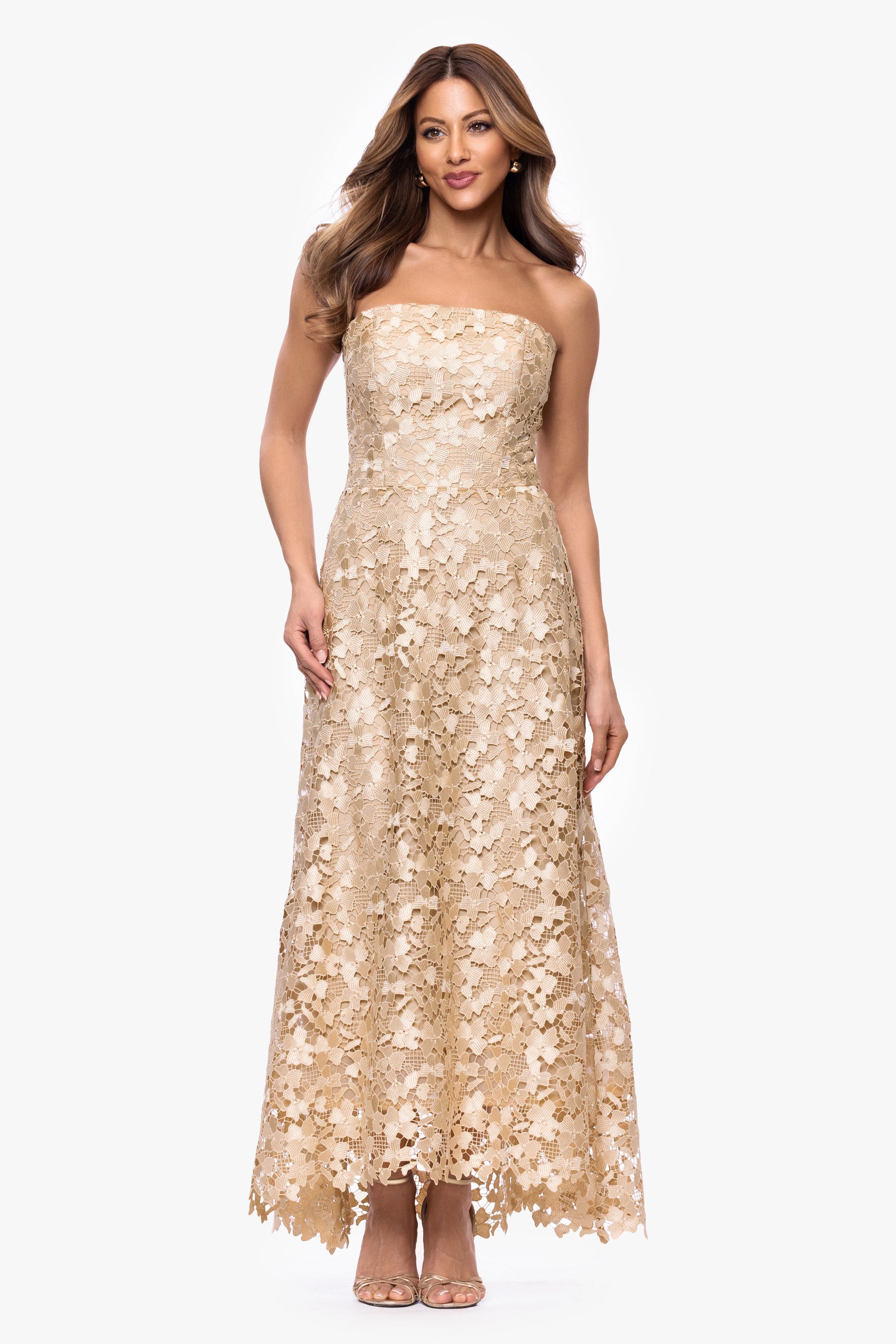 "Colby" Lace Strapless Gown Gold XSCAPE