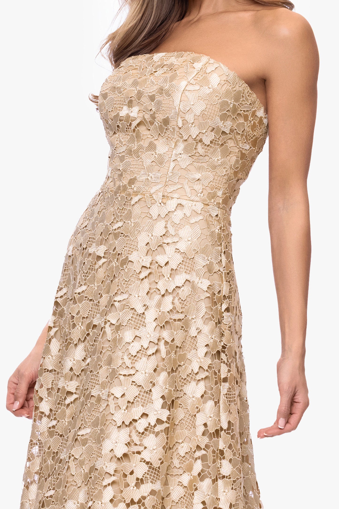 "Colby" Lace Strapless Gown Gold XSCAPE