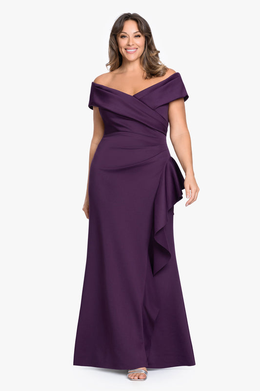 Plus "Pearl" Techno Scuba Off the Shoulder Ruffle Dress Plum XSCAPE