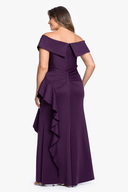 Plus "Pearl" Techno Scuba Off the Shoulder Ruffle Dress Plum XSCAPE