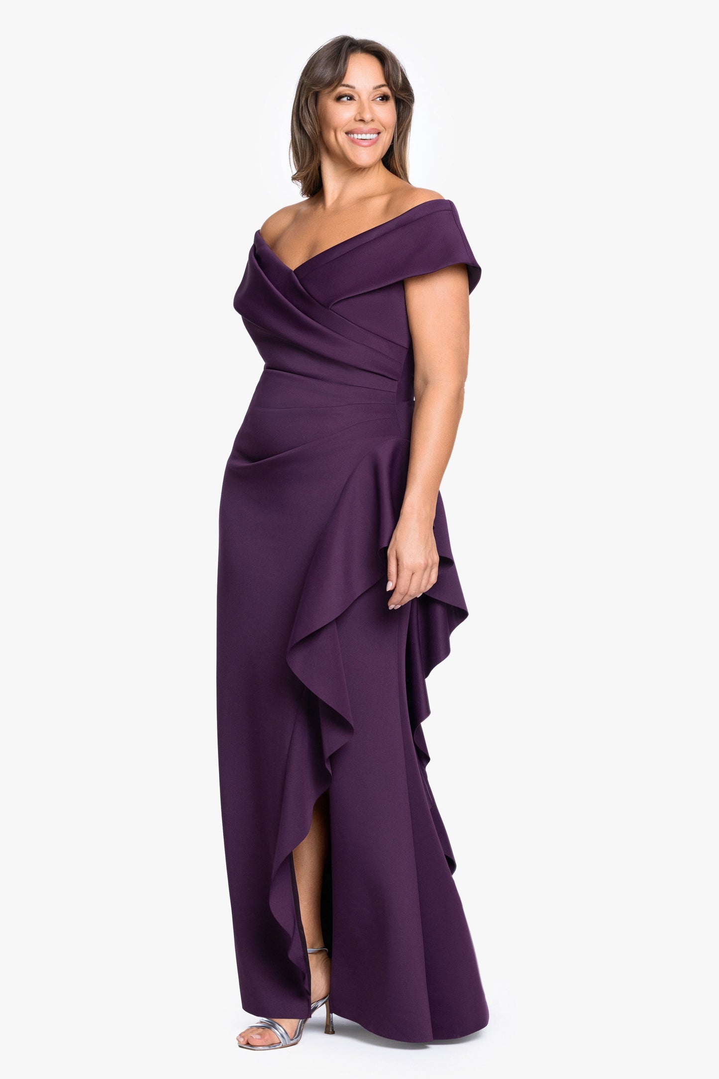 Plus "Pearl" Techno Scuba Off the Shoulder Ruffle Dress Plum XSCAPE