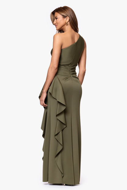 "Flo" Techno Scuba One Shoulder Ruffle Dress Olive XSCAPE