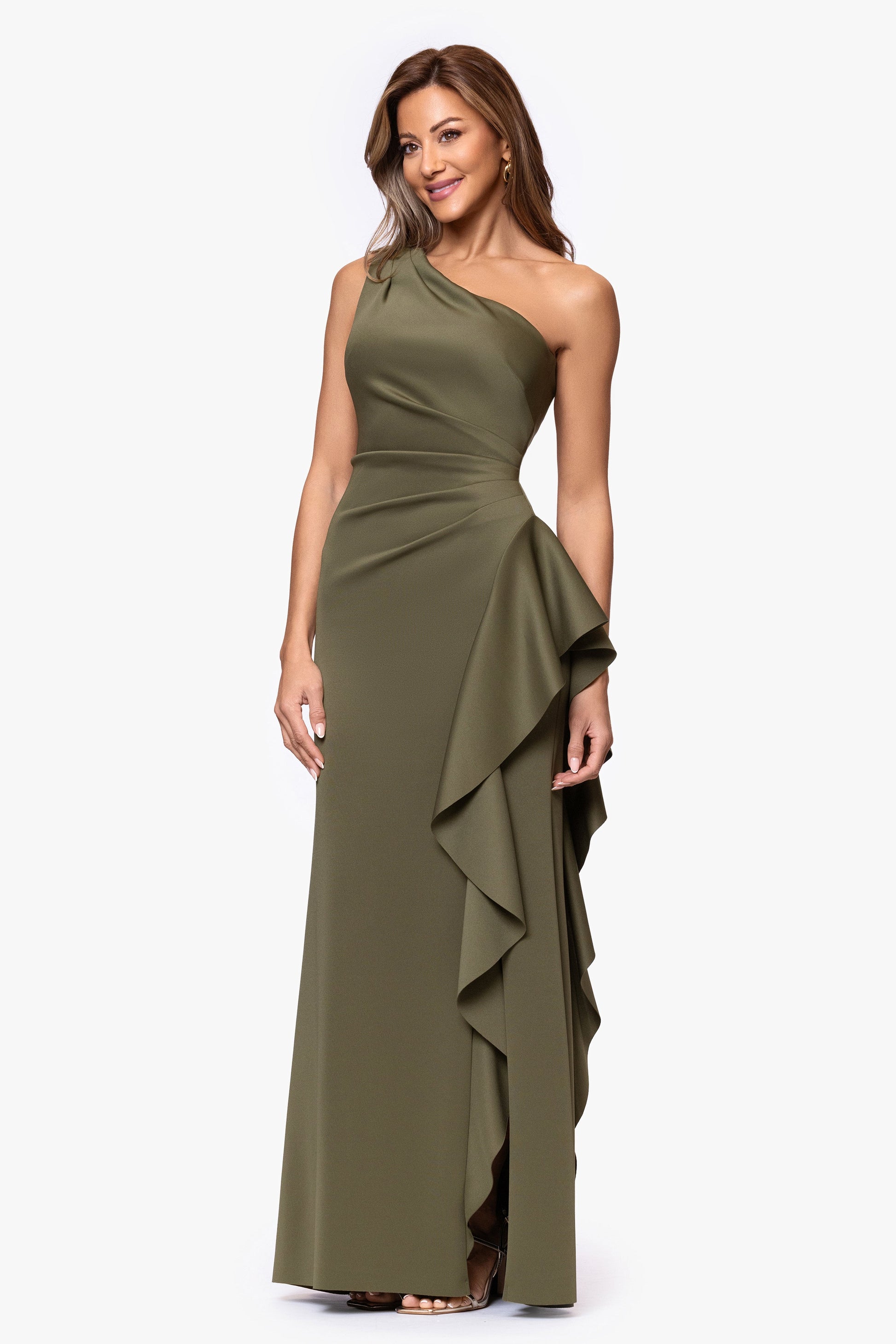 "Flo" Techno Scuba One Shoulder Ruffle Dress Olive XSCAPE