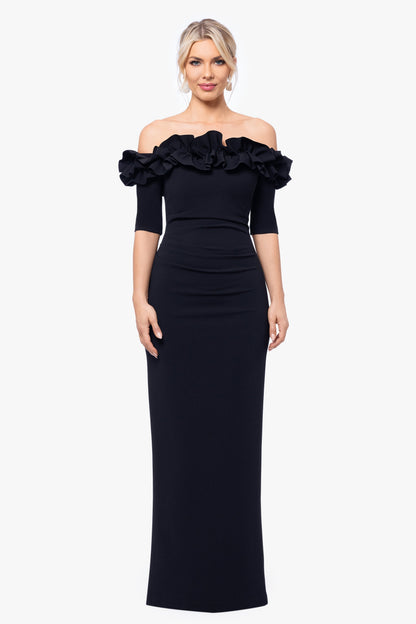 "Isla" Scuba Crepe Off The Shoulder Ruffle Dress Black XSCAPE