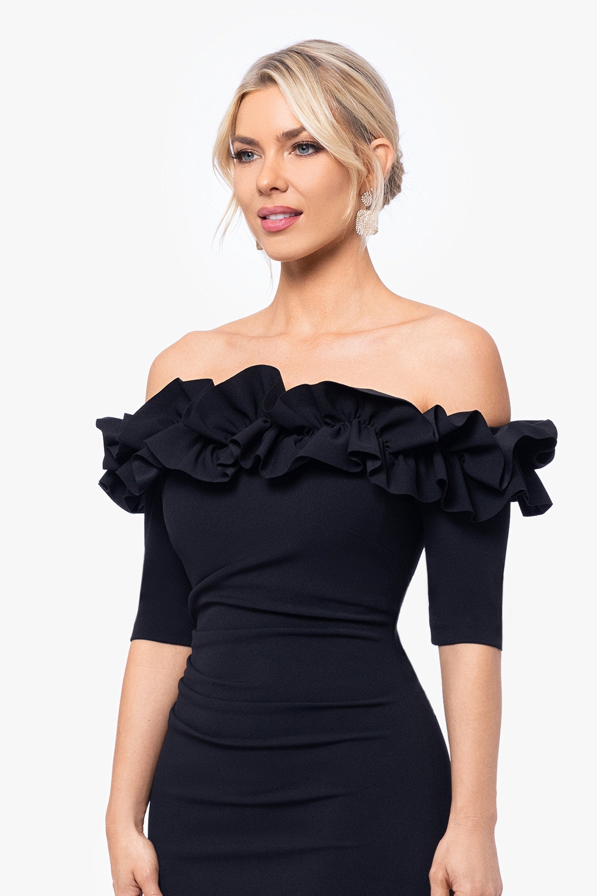 "Isla" Scuba Crepe Off The Shoulder Ruffle Dress Black XSCAPE