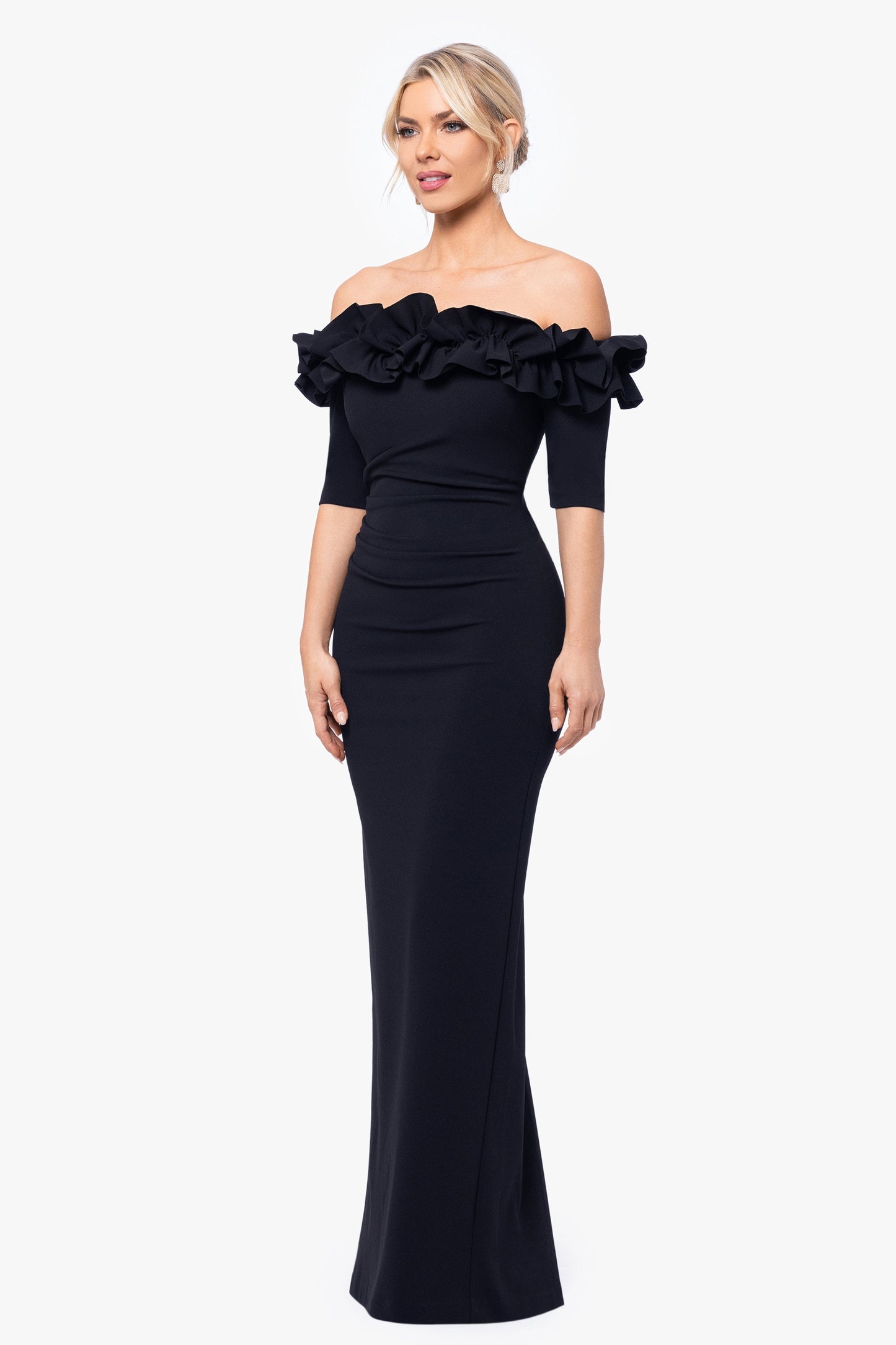 "Isla" Scuba Crepe Off The Shoulder Ruffle Dress Black XSCAPE